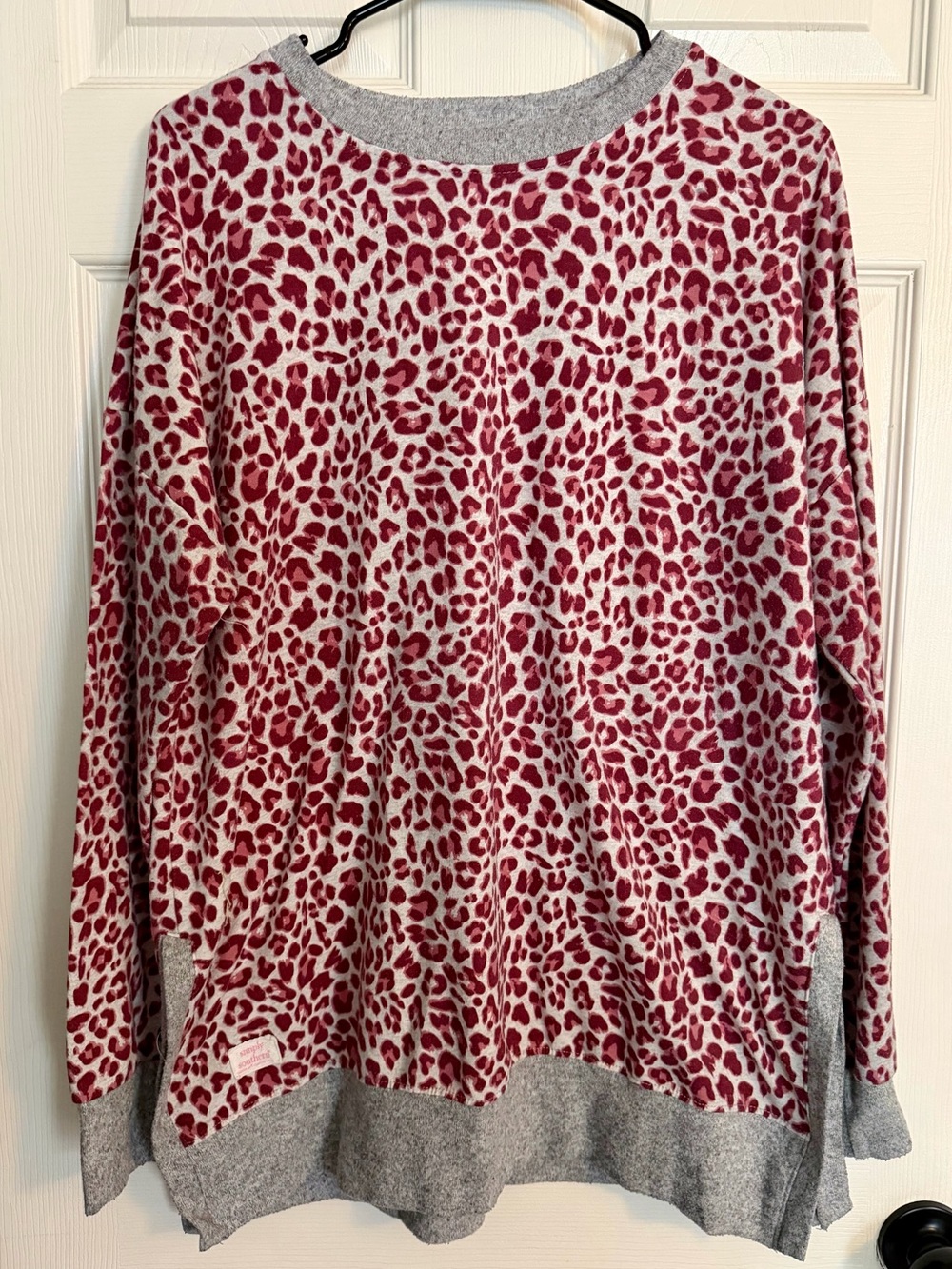 Simply Southern Pink Leopard Crewneck Sweater with Gray Trim